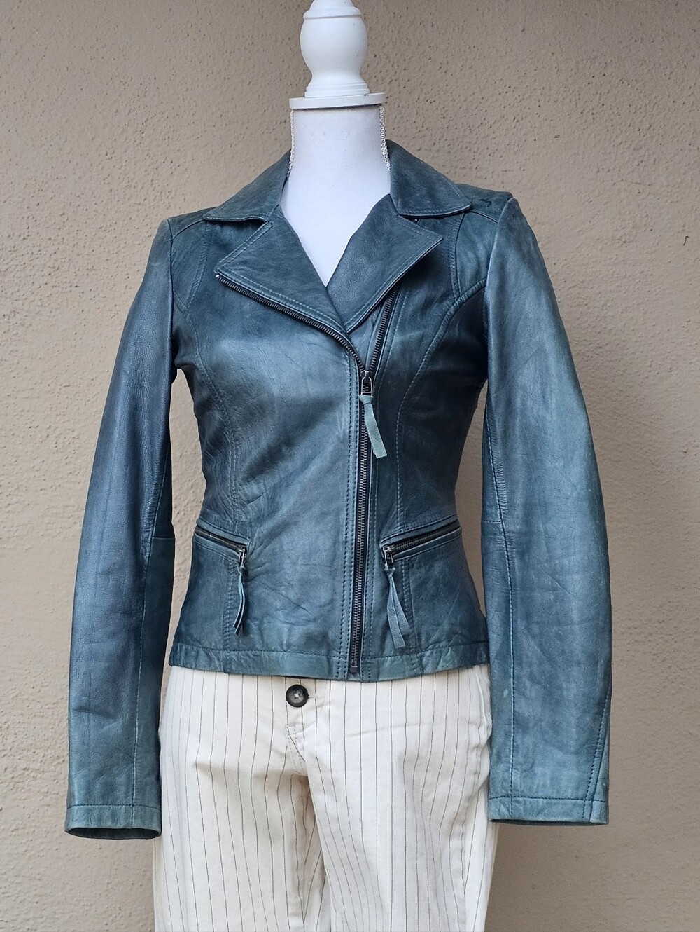 Marc New York Dark Green Leather Moto Jacket Lined Sz XS